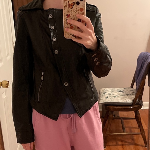 LAST DAY Andrew Marc Black Leather Snap Jacket Moto Style - Picture 1 of 10